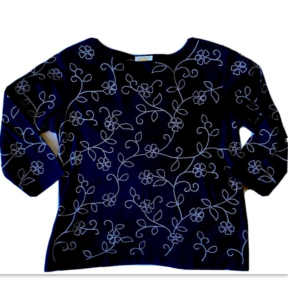 Talbots Large Black Embroidered Cotton T Shirt 3/4 Sleeves